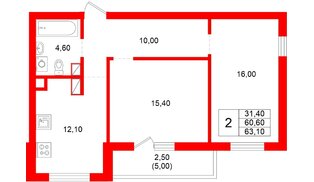 Квартира в ЖК Луччи, 2 комнатная, 63.1 м², 3 этаж