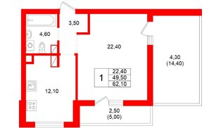Квартира в ЖК Луччи, 1 комнатная, 62.1 м², 8 этаж