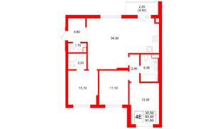 Квартира в ЖК Луччи, 3 комнатная, 91.6 м², 1 этаж