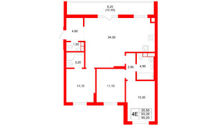 Квартира в ЖК Луччи, 3 комнатная, 99.2 м², 2 этаж