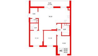 Квартира в ЖК Луччи, 3 комнатная, 99.2 м², 5 этаж