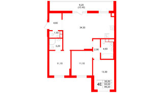 Квартира в ЖК Луччи, 3 комнатная, 99.2 м², 6 этаж