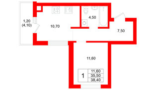 Квартира в ЖК Луччи, 1 комнатная, 38.4 м², 1 этаж