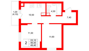 Квартира в ЖК Луччи, 2 комнатная, 49.4 м², 2 этаж