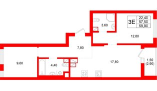 Квартира в ЖК Луччи, 2 комнатная, 58.9 м², 8 этаж
