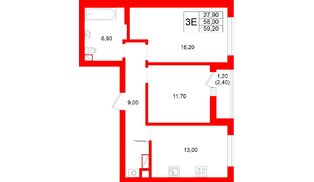 Квартира в ЖК «Луччи», 2 комнатная, 59.2 м², 5 этаж