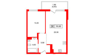 Квартира в ЖК Парковый, 1 комнатная, 50.6 м², 2 этаж