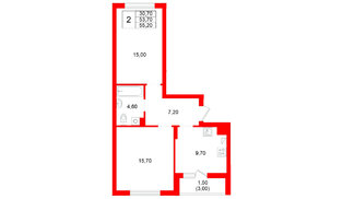 Квартира в ЖК Левада, 2 комнатная, 53.7 м², 1 этаж