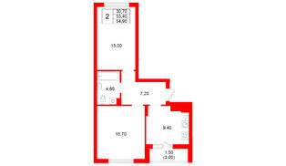 Квартира в ЖК Левада, 2 комнатная, 53.4 м², 5 этаж