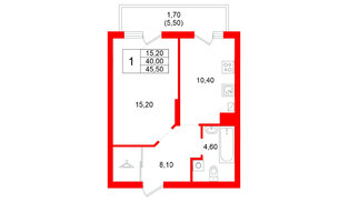 Квартира в ЖК Левада, 1 комнатная, 40 м², 1 этаж