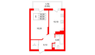 Квартира в ЖК Левада, 1 комнатная, 39.5 м², 5 этаж