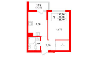 Квартира в ЖК Левада, 1 комнатная, 33.8 м², 1 этаж