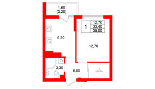 Квартира в ЖК Левада, 1 комнатная, 33.4 м², 2 этаж