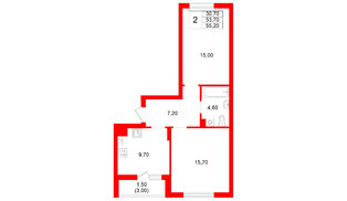 Квартира в ЖК Левада, 2 комнатная, 53.7 м², 1 этаж