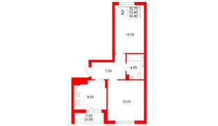 Квартира в ЖК Левада, 2 комнатная, 53.4 м², 2 этаж