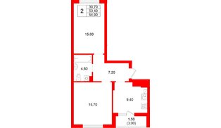 Квартира в ЖК «Левада», 2 комнатная, 53.4 м², 9 этаж