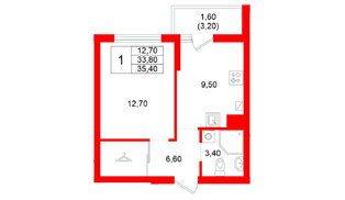 Квартира в ЖК «Левада», 1 комнатная, 33.8 м², 1 этаж