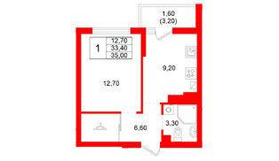 Квартира в ЖК Левада, 1 комнатная, 33.4 м², 4 этаж