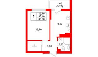 Квартира в ЖК «Левада», 1 комнатная, 33.4 м², 9 этаж