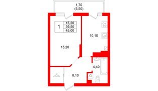 Квартира в ЖК «Левада», 1 комнатная, 39.5 м², 2 этаж