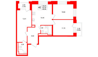 Квартира в ЖК «Кольский», 3 комнатная, 65.08 м², 6 этаж