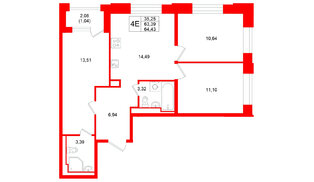 Квартира в ЖК GloraX Кольский, 3 комнатная, 64.43 м², 8 этаж
