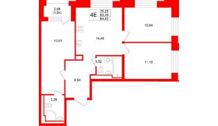 Квартира в ЖК «Кольский», 3 комнатная, 64.43 м², 9 этаж