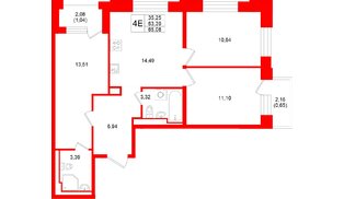 Квартира в ЖК «Кольский», 3 комнатная, 65.08 м², 11 этаж