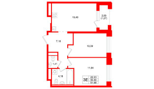 Квартира в ЖК «Кольский», 2 комнатная, 51.68 м², 3 этаж