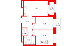 Квартира в ЖК «Кольский», 2 комнатная, 52.33 м², 9 этаж