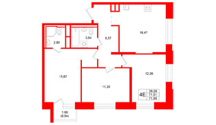Квартира в ЖК «Кольский», 3 комнатная, 71.55 м², 4 этаж