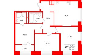 Квартира в ЖК «Кольский», 3 комнатная, 70.76 м², 11 этаж