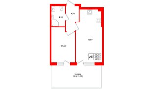 Квартира в ЖК «Кислород О2», 1 комнатная, 44.3 м², 1 этаж