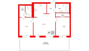 Квартира в ЖК «Кислород О2», 2 комнатная, 75.9 м², 1 этаж