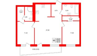 Квартира в ЖК «Кислород О2», 2 комнатная, 70.5 м², 2 этаж