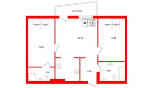 Квартира в ЖК «Кислород О2», 2 комнатная, 70 м², 4 этаж