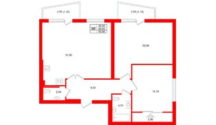Квартира в ЖК «Кислород О2», 2 комнатная, 88.6 м², 2 этаж