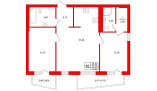 Квартира в ЖК «Кислород О2», 2 комнатная, 71.6 м², 3 этаж
