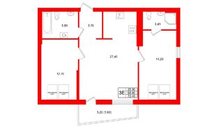 Квартира в ЖК «Кислород О2», 2 комнатная, 68.8 м², 4 этаж