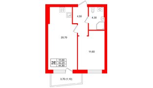Квартира в ЖК «Кислород О2», 1 комнатная, 42.4 м², 3 этаж