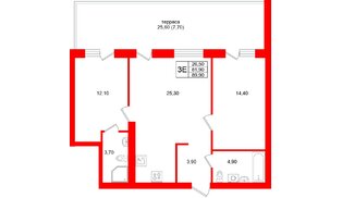 Квартира в ЖК «Кислород О2», 2 комнатная, 81.9 м², 1 этаж