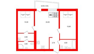 Квартира в ЖК «Кислород О2», 2 комнатная, 66.8 м², 4 этаж