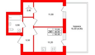 Квартира в ЖК «Кислород О2», 1 комнатная, 38.9 м², 1 этаж