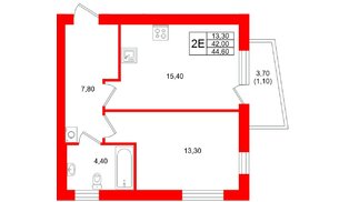 Квартира в ЖК «Кислород О2», 1 комнатная, 42 м², 2 этаж