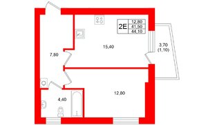 Квартира в ЖК «Кислород О2», 1 комнатная, 41.5 м², 4 этаж