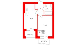 Квартира в ЖК «Кислород О2», 1 комнатная, 36.8 м², 2 этаж