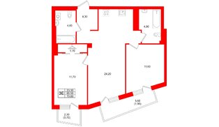 Квартира в ЖК «Кислород О2», 2 комнатная, 65.5 м², 3 этаж