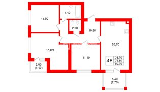Квартира в ЖК «Сиреневый бульвар», 3 комнатная, 76.6 м², 2 этаж
