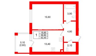 Квартира в ЖК «Сиреневый бульвар», 1 комнатная, 39.8 м², 4 этаж