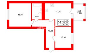 Квартира в ЖК «Сиреневый бульвар», 2 комнатная, 59.2 м², 3 этаж